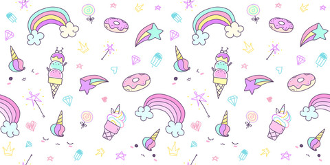 Pattern seamless with hand drawn doodle unicorn in pastel color. Kawaii unicorn background for kid
