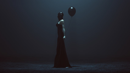 Futuristic Demon Woman With a Black Balloon In a Futuristic Haute Couture Dress and face Mask Abstract Demon Assassin Left View 3d illustration 3d render  - obrazy, fototapety, plakaty