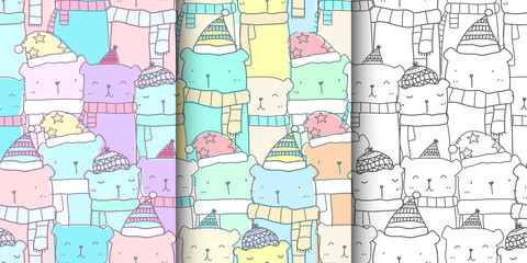 Set of pattern seamless with hand drawn cute bear family in pastel color. Kawaii bear background for kid fabric pattern, baby wallpaper, nursery, wrapping paper, scrapbook and packaging design
