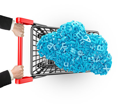 Big data and cloud computing concept. Hands pushing shopping cart with cloud of blue letters and numbers, isolated on white background, top view.