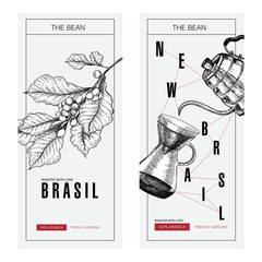Coffee set. Hand drawn branch, pour over and coffe kettle. Alternative brewing method. Vector engraved icon. Package design in brutalism. Label template, brand identity, coffee shop, restaurant menu