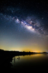 milky way at the lake with reflections in night time