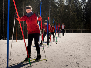 Participants learning cross country skiing course, Black-Forest, Baden-Württemberg, Germany 