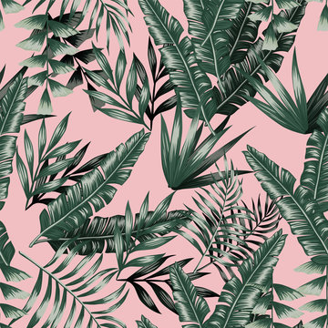 Green tropical leaves with shadow seamless pink background