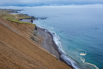 Aerial view on the Laekjavik coast in southeastern Iceland