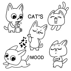 Set of graphics of funny cats isolated on white background. Line art kittens.