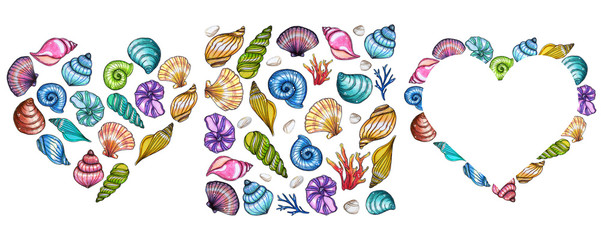 Hand painted watercolor shells template isolated on white background.