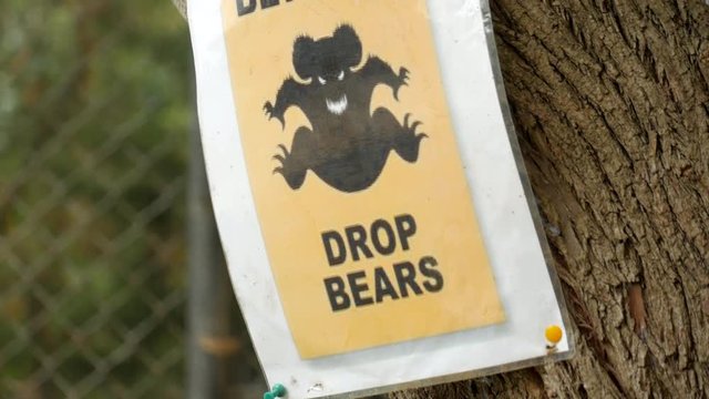 Yellow drop bear warning sign at a local Australian sanctuary. PAN UP SHOT.