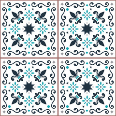 Azulejos seamless vector pattern, Portuguese Lisbon tiles design with fleur de lis, flowers and geometric shapes