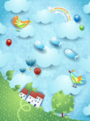 Fantasy landscape with tree, birds, balloons and flying fishes