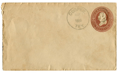 Cooper, Texas, The USA  - 7 May 1886: US historical envelope: cover with brown embossed imprinted stamp, two cents George Washington profile, Fancy cancel, postal cancellation