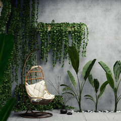 Interior with green plants and concrete walls, 3D illustration - 264158847