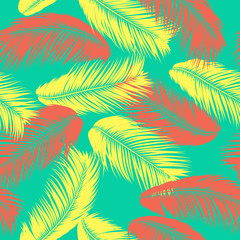 Fototapeta na wymiar Vector Feathers. Tropical Seamless Pattern with Exotic Jungle Plants. Coconut Tree Leaf. Simple Summer Background. Illustration EPS 10. Vector Feathers Silhouettes or Hawaiian Leaves of Palm Tree.