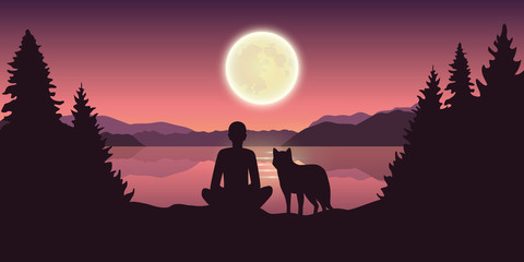 person and dog are looking at the full moon in nature by the lake vector illustration EPS10