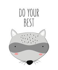 Vector poster with cute doodle raccoon for kids