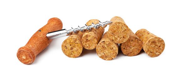 corkscrew and wine cork isolated on white background