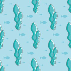 Cute seamless pattern with aquamarine seaweed and fish. Blue background. Linear style illustration. Vector.