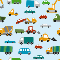 Vehicle pattern design with several machines - funny hand drawn doodle, seamless pattern. Lettering poster or t-shirt textile graphic design. / wallpaper, wrapping paper, background.