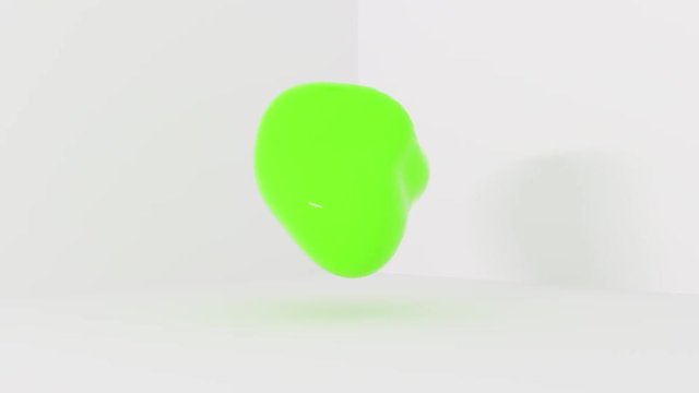 3D different colors liquid balls flying in white interior room. 4K animation. Seamless loop.