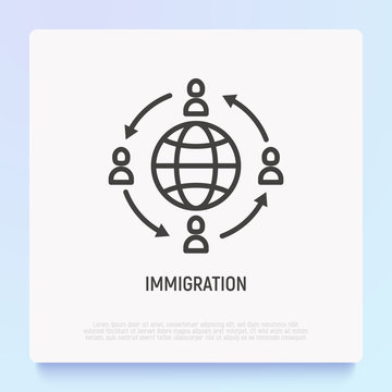 Immigration Thin Line Icon: People Moving Around Globe. Modern Vector Illustration.