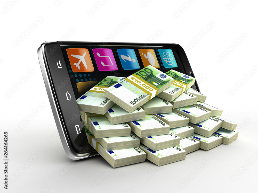Poster touchscreen smartphone with pile of euros. image with clipping path.