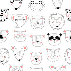 Vector seamless pattern with cute doodle animals