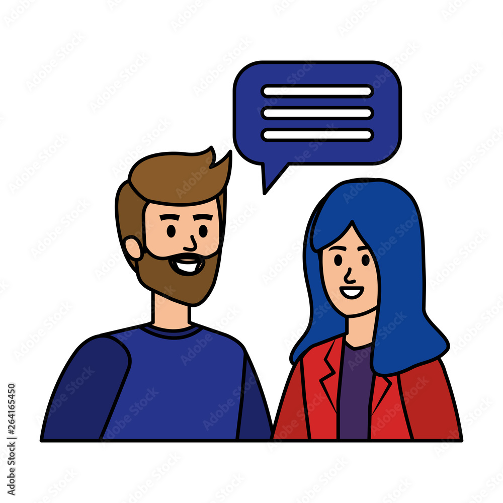 Poster young couple with speech bubble