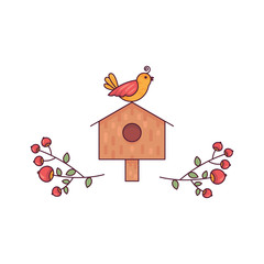 Birdhouse With Beautiful Branches Cute Flat Line Minimalist Style Vector Illustration
