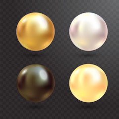 Realistic varicoloured pearls vector set on transparent background. Precious pearl in sphere form. Pearl is luxury glossy stone illustration