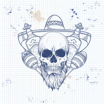 Hand drawn sketch, skull with maracas, sombrero, beard and tequila bottle on notebook page