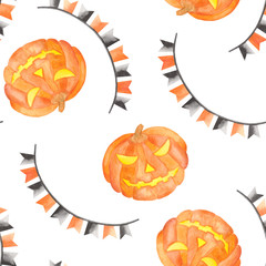 Watercolor pattern for halloween. Pumpkin, witch hat, broom, garland, lantern, bat, balls, cobweb, spider.