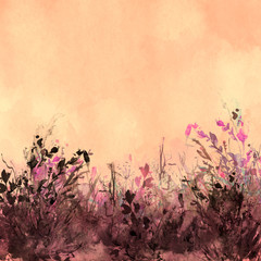 Obraz na płótnie Canvas watercolor illustration. Vintage wild grass, flowers, plants, sunset, sky Orange ink, paint. Stylish fashionable card, background, pattern. Grunge background. Country landscape