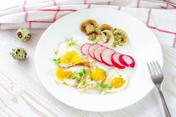 Healthy breakfast with quail eggs, radish, mushrooms and microgreens. Diet on a plate