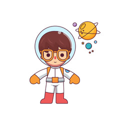 Cute Boy Astronaut Character Flat Line Minimalist Style Vector Illustration