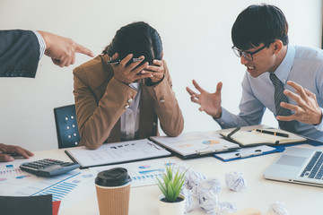 Business Manager blaming employee who getting stressed ,bad work, emotional pressure, mistake in...