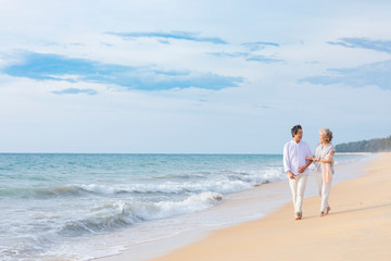 Happy senior couple walking on beach