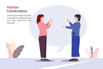 intense conversation concept, two women are talking and chatting each other, communication with others, landing page, flat style design, vector illustration