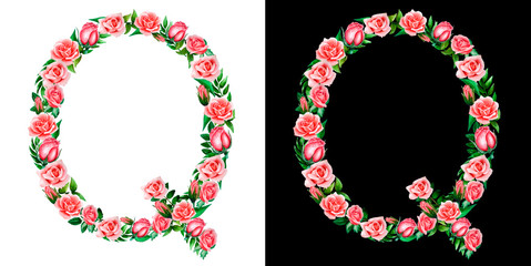 watercolor floral alphabet of roses, Monogram, capital letter Q isolated on black and white background.
