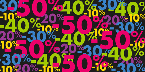 Bannière publicitaire pour des promotions, présentant une multitude de pourcentage de réduction pour les soldes