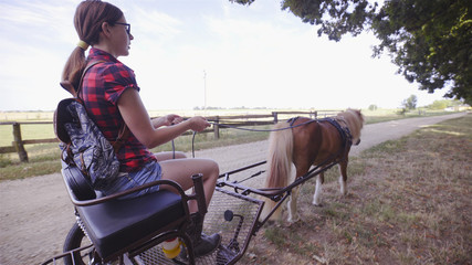 Young woman riding a pony horse carriage