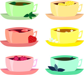 Set of cups of tea: herbal, berry, vanilla. Bright menu design, cafe, coffee house, logo, icons.