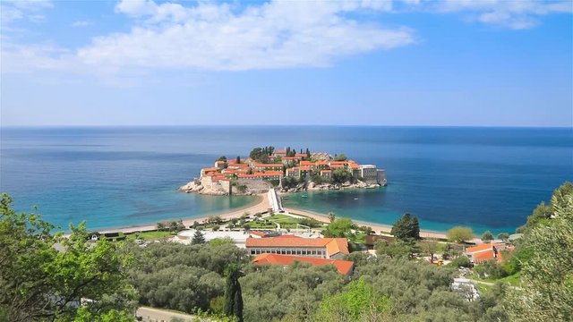 View of Sveti Stefan island in sunny day, Montenegro