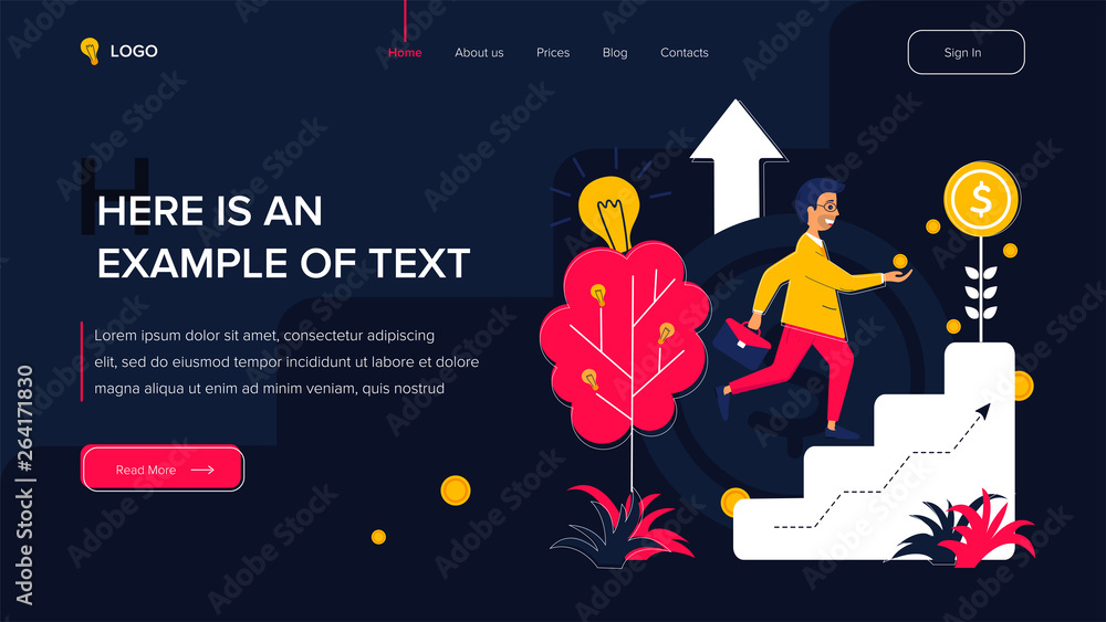 Poster businessman rises up the stairs. website template on dark background. home page layout. vector illus
