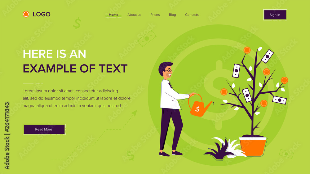 Poster businessman watering a money tree. website template on green background. home page layout. vector il