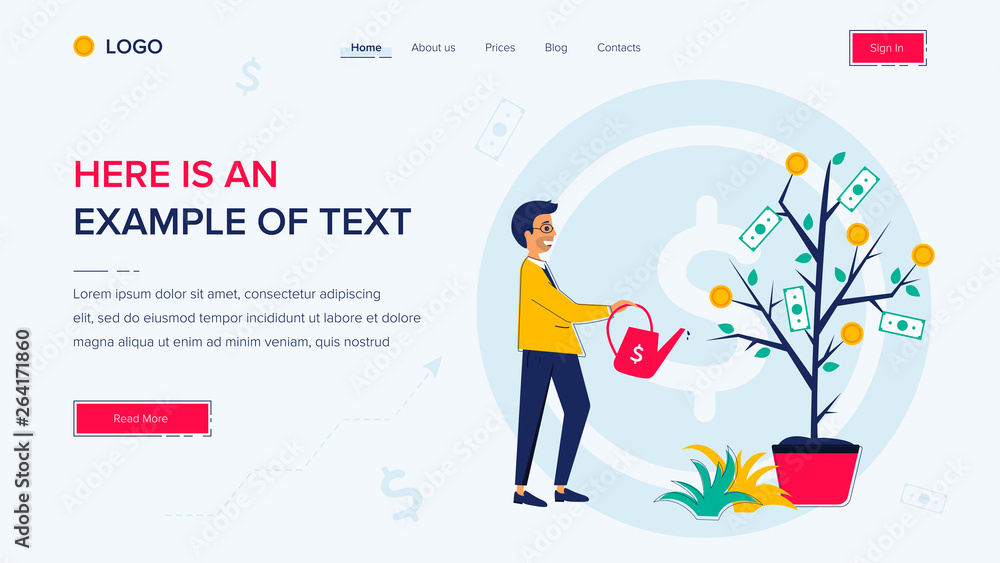 Poster businessman watering a money tree. website template on white background. home page layout. vector il