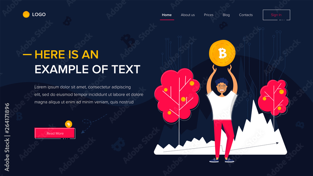 Poster man holds bitcoin. website template on dark background. home page layout. vector illustration concep