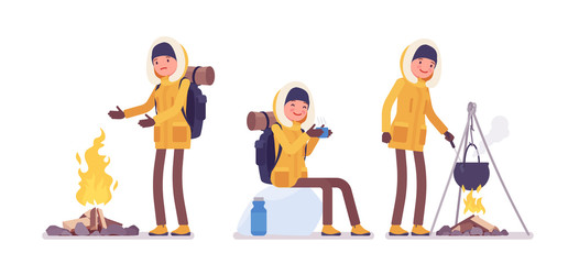 Winter hiking woman enjoy outdoor camp activity. Female tourist with backpacking gear in bright jacket, hood, professional footwear. Vector flat style cartoon illustration isolated on white background