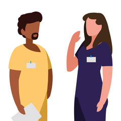 Fototapeta premium interracial couple medicine workers with uniform characters