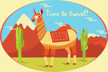 Fototapeta premium Tourist poster with llama, mountains, cactus. Motivational inscription: Time to travel! Stylized animal character of South America. Lama, vicuna, alpaca, guanaco.