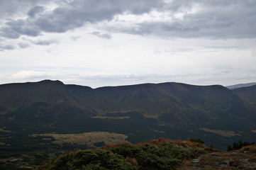 Mountain landscape with green grass against the sky. Panoramic view of the cliffs without people. Wildlife on hills and altitude.